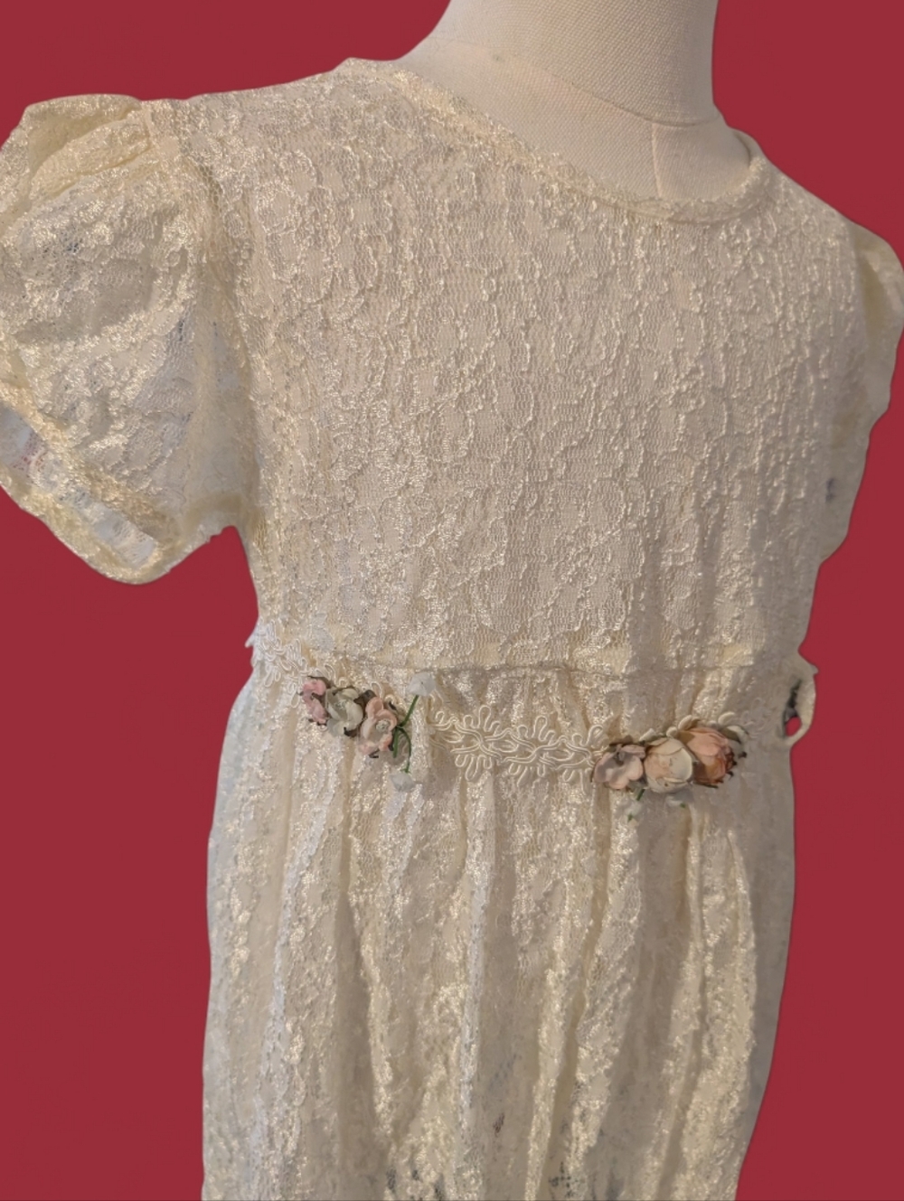 80s 90s Vintage Girls Lace Floral Belt Dress Size 6 Cottage Core